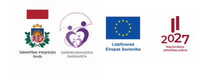 Uz balta fona izvietoti četri logotipi: Sabiedrības integrācijas fonda logotips, programmas “Ģimenei draudzīga darbavieta” logotips, Eiropas Savienības līdzfinansējuma logotips un Nacionālā attīstības plāna 2027 logotips.