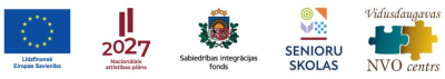 Uz balta fona horizontāli izvietoti pieci logotipi: Eiropas Savienības karogs ar uzrakstu “Līdzfinansē Eiropas Savienība”, Nacionālā attīstības plāna 2027 logotips, Sabiedrības integrācijas fonda logotips ar Latvijas valsts ģerboni, “Senioru skolas” logotips un Vidusdaugavas NVO centra logotips ar krāsainiem puzles gabaliņiem.