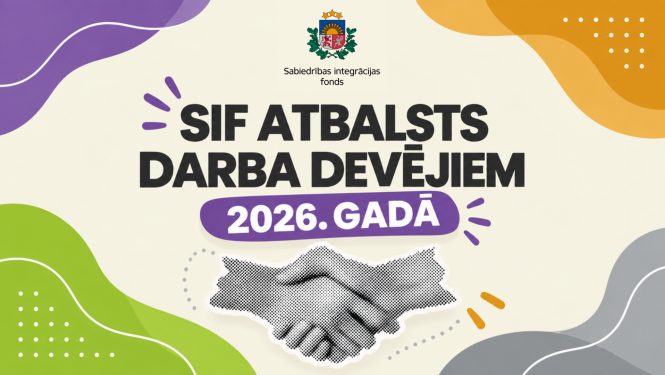 SIF vizuālis ar tekstu “SIF atbalsts darba devējiem 2026. gadā”. Augšdaļā redzams Sabiedrības integrācijas fonda logo, bet centrā – melnbalts rokasspiediena attēls. Dizainā izmantoti violeti, oranži, zaļi un pelēki grafiskie elementi uz gaiša fona.