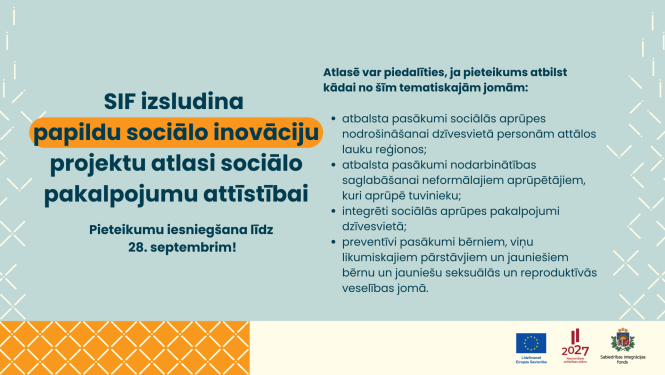 Infografika uz gaiši zaļa fona informē, ka SIF izsludina papildu sociālo inovāciju projektu atlasi sociālo pakalpojumu attīstībai. Pieteikumu iesniegšanas termiņš ir 28. septembris. Atlase paredzēta projektiem šādās tematiskajās jomās: sociālās aprūpes nodrošināšana dzīvesvietā personām attālos lauku reģionos; nodarbinātības saglabāšanas atbalsts neformālajiem aprūpētājiem; integrēti sociālās aprūpes pakalpojumi dzīvesvietā; preventīvi pasākumi bērnu un jauniešu seksuālās un reproduktīvās veselības jomā. Di