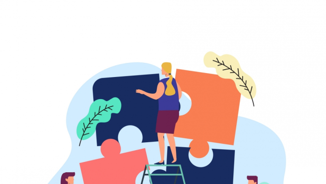 Grafisks attēls ar puzles gabaliņiem, ko liek cilvēki