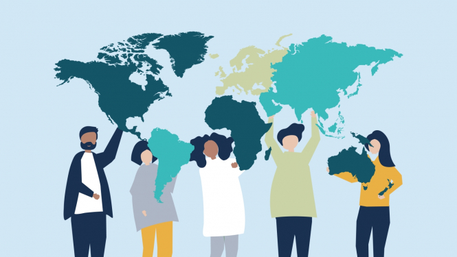 Grafisks attēls, kurā redzama pasaules karte ar dažādu tautību pārstāvjiem