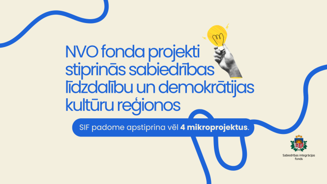 teksts "NVO fonda projekti stiprinās sabiedŗibas līdzdalību un demokrātijas kultūru reģionos"