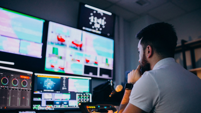 Ilustratīvs foto. Pārraides producents sēž pie ekrāna un pults.