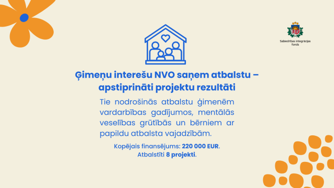 Vizuālis ar tekstu "Ģimeņu interešu NVO saņem atbalstu – apstiprināti projektu rezultāti"