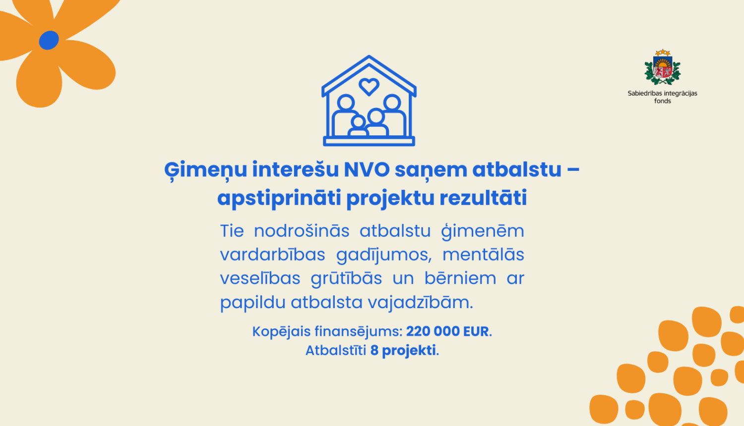 Vizuālis ar tekstu "Ģimeņu interešu NVO saņem atbalstu – apstiprināti projektu rezultāti"